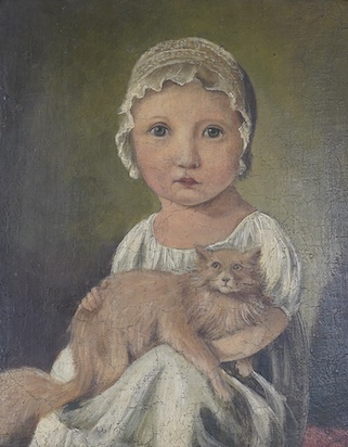 Early 19th naive School, oil on board, Study of a young girl with a cat, 24 x 20cm, ornate gilt frame. Condition - fair